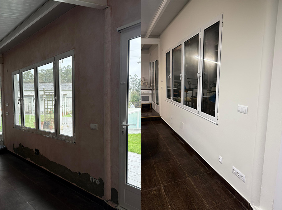 Antes y después de trabajo de pintor en Asturias realizado por Novikolor en interior de vivienda