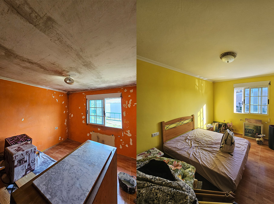 Antes y después de pintura y reforma de habitación realizada por Novikolor en Galicia