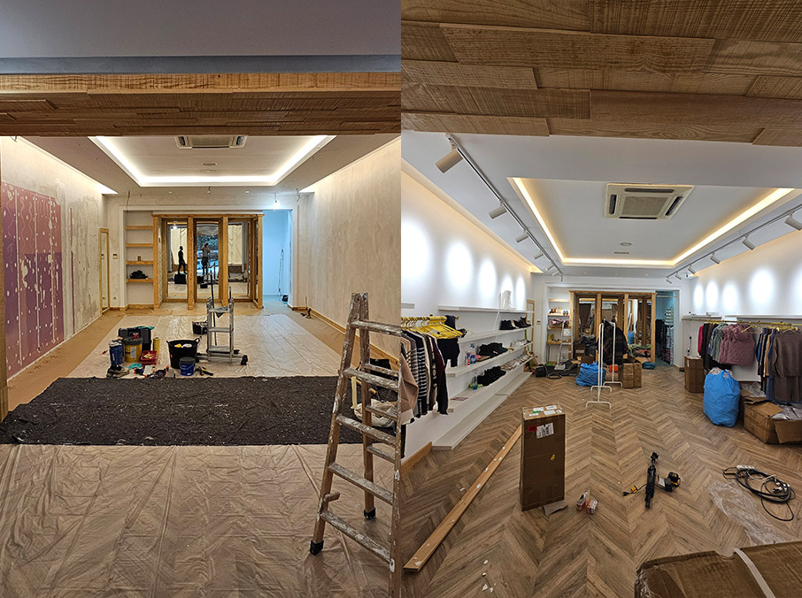Antes y después de reforma y pintura de local comercial realizada por Novikolor en Madrid