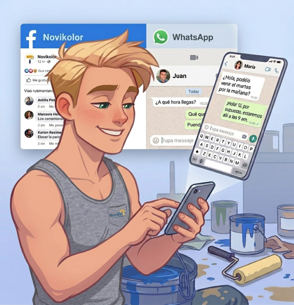 Ilustración de Novikolors con WhatsApp y Facebook para contacto en redes sociales