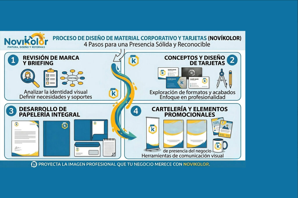 Infografía de Novikolor sobre diseño de material corporativo, tarjetas y papelería para negocios