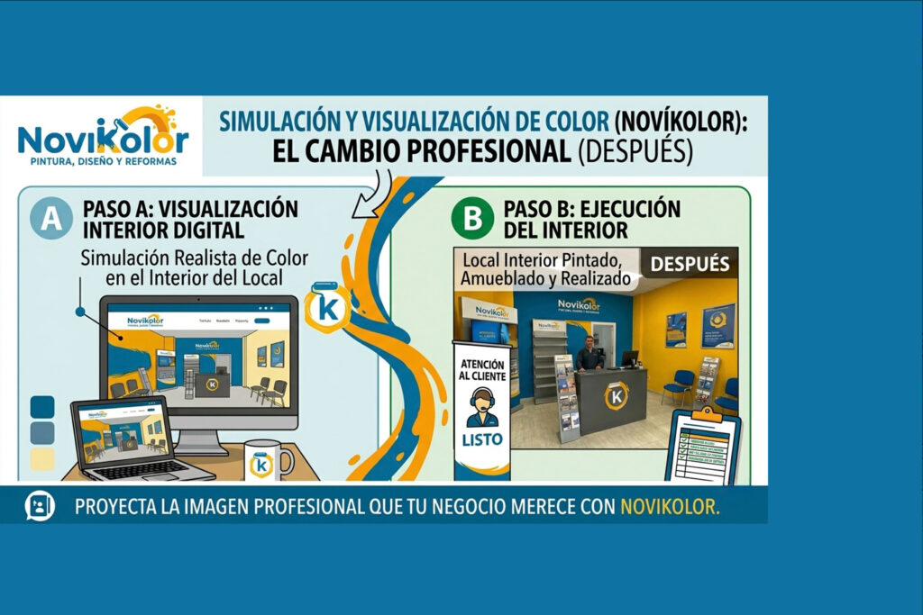 Infografía de Novikolor sobre simulación de color y visualización de un local comercial